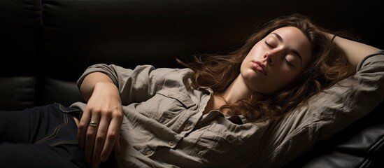 Naklejka premium Serene woman relaxing on sofa with closed eyes