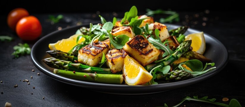 Grilled scato and asparagus plate with citrus fruits