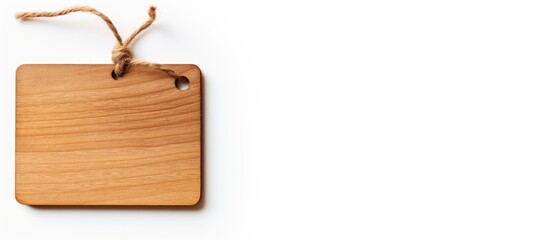A wooden tag on a white surface