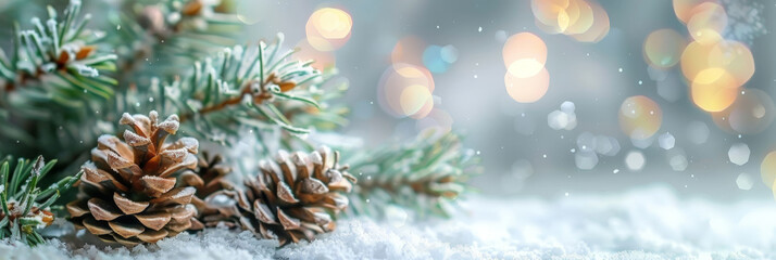 Fototapeta na wymiar A minimalistic background with white snow and pine cones on light green blured bokeh background, Christmas decorations. banner