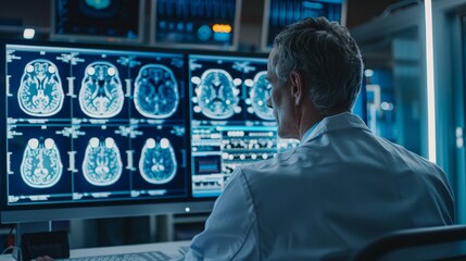 Brain Surgery Concept : Analysis Patient MRI Scan on Computer Screen, Diagnosis Brain.