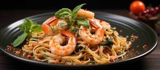 A plate of pasta with shrimp and basil on white background