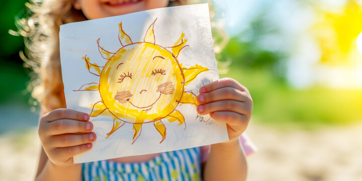 A child holding a drawing of a sun. Summertime, optimism concep
