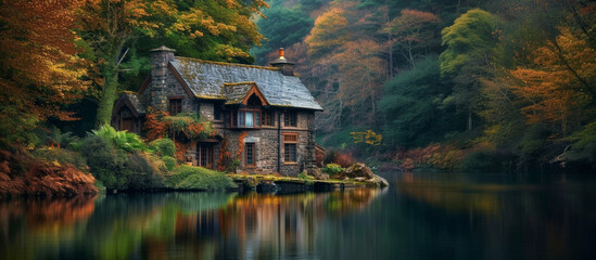 Cozy wooden cabin by the shore of a forest lake with a boat. - obrazy, fototapety, plakaty