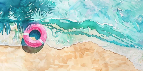 Poster Summer vacation. Empty sandy beach and sea with waves. Watercolor panorama © bit24