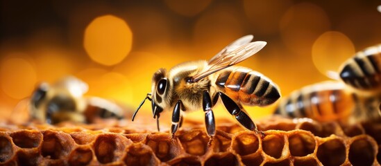 Bees gathering on honeycomb closely - obrazy, fototapety, plakaty