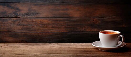Fototapeta na wymiar Steaming Cup of Black Coffee on Rustic Wooden Table in Cozy Cafe Setting