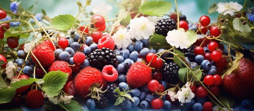Fresh Summer Harvest of Various Berries and Blueberries Arranged on Wooden Table