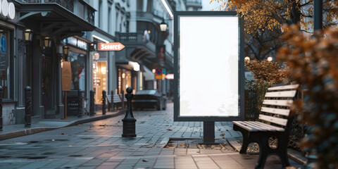  A blank white billboard at bus stop on street, for advertising mockups and urban city concepts and presentations.Mock up Billboard Media Advertising Poster banner template at Bus Station city street - obrazy, fototapety, plakaty