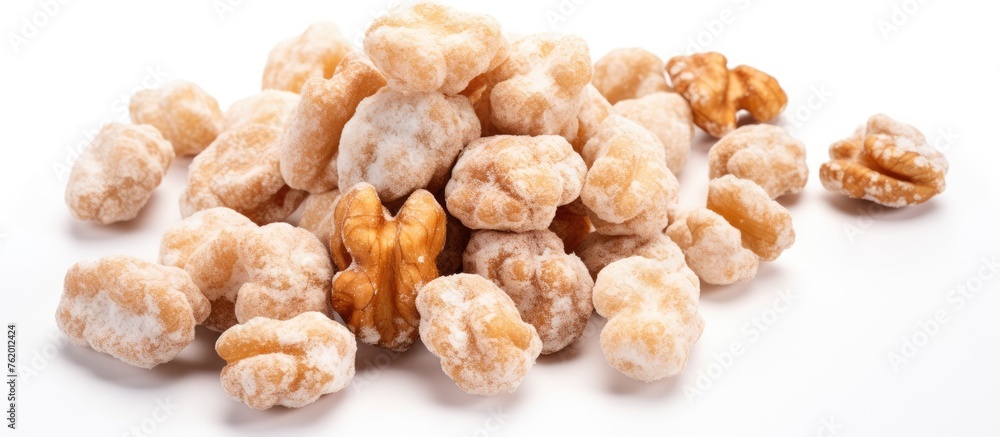 Poster a heap of raw peanuts arranged neatly on a clean white background