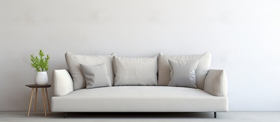 A close up of a white couch with pillows and a plant