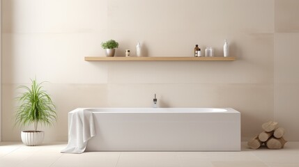 Fototapeta na wymiar White Bath Tub Next to Wooden Shelf