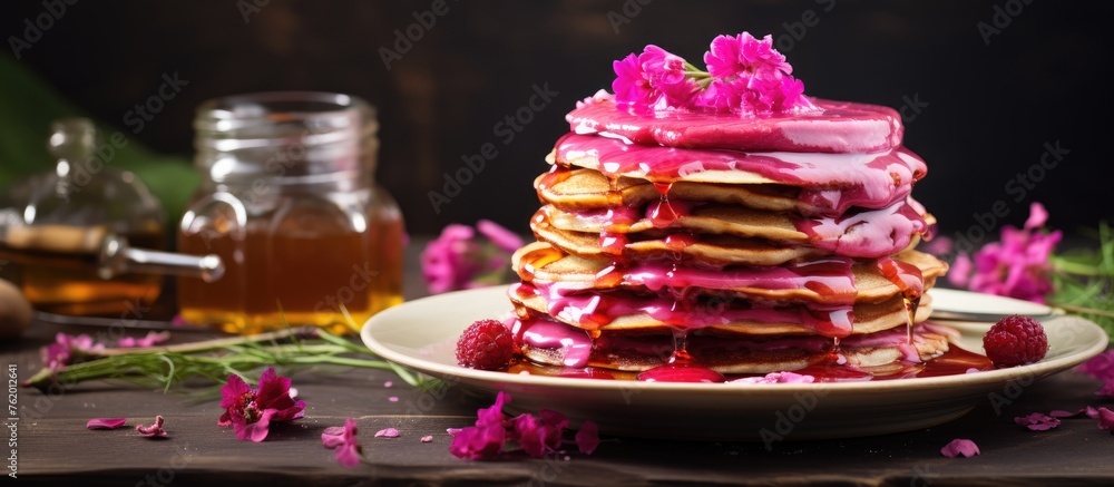 Poster a delicious pancake stack with raspberry syrup