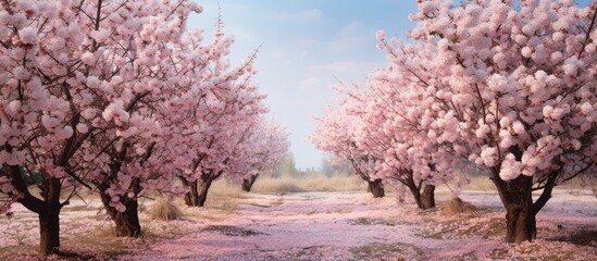 Obraz premium Enchanting Meadow Blanketed with Blooming Pink Flowers and Bees Buzzing Around