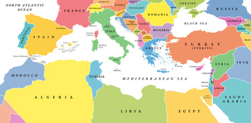 Mediterranean Basin, political map with different colored countries. The Mediterranean Sea and region with the countries of South Europe, North Africa and the Near East. Isolated illustration. Vector.