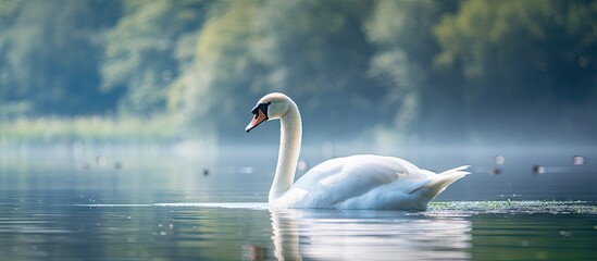 A white swan gracefully swimming among various waterfowl - obrazy, fototapety, plakaty