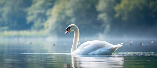 Tuinposter A white swan gracefully swimming among various waterfowl © Ilgun