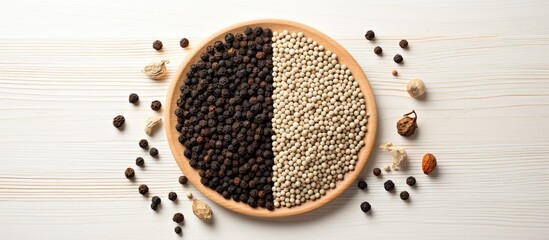 Aromatic Black Pepper Seeds and Aleurites Moluccana Seeds in a Rustic Wooden Bowl