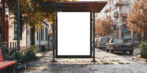  A blank white billboard at bus stop on street, for advertising mockups and urban city concepts and presentations.Mock up Billboard Media Advertising Poster banner template at Bus Station city street - obrazy, fototapety, plakaty