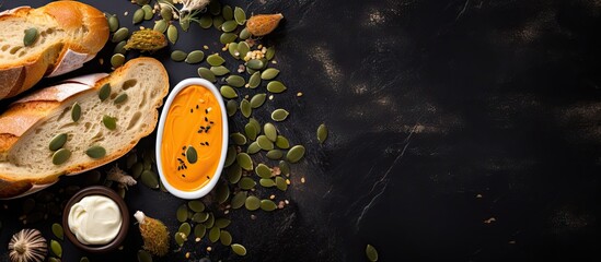A steaming bowl of soup served with bread and pumpkin seeds
