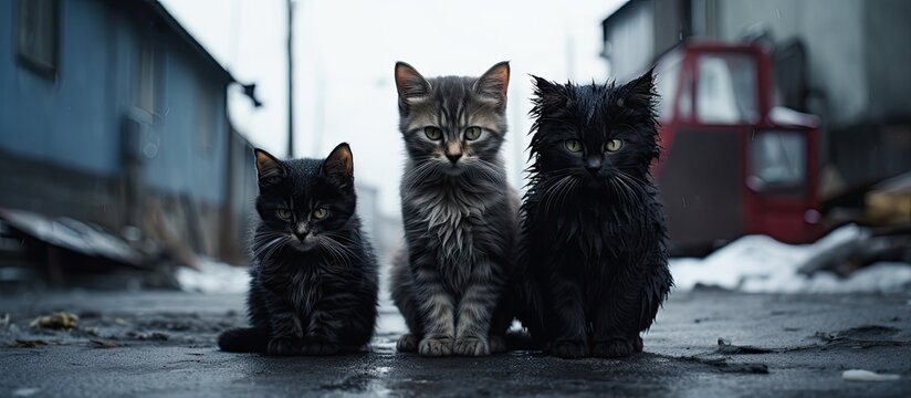 Three kittens in front of a building