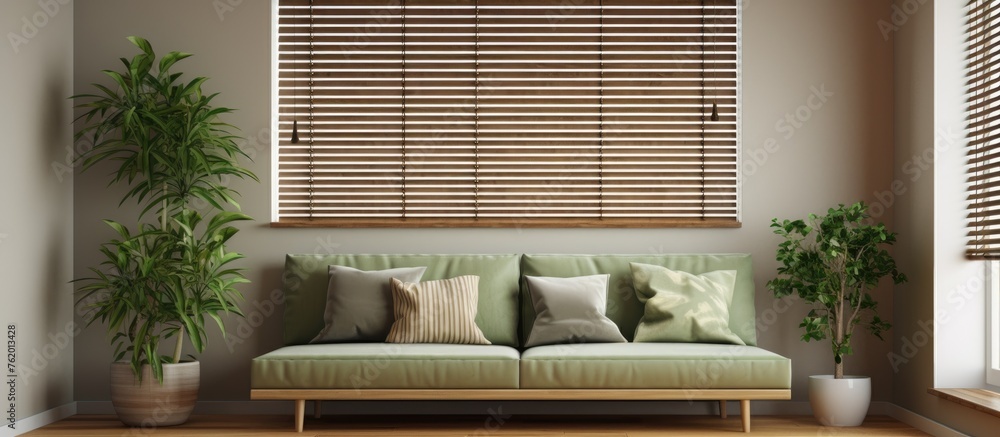 Sticker Green couch in a living room with wooden blinds