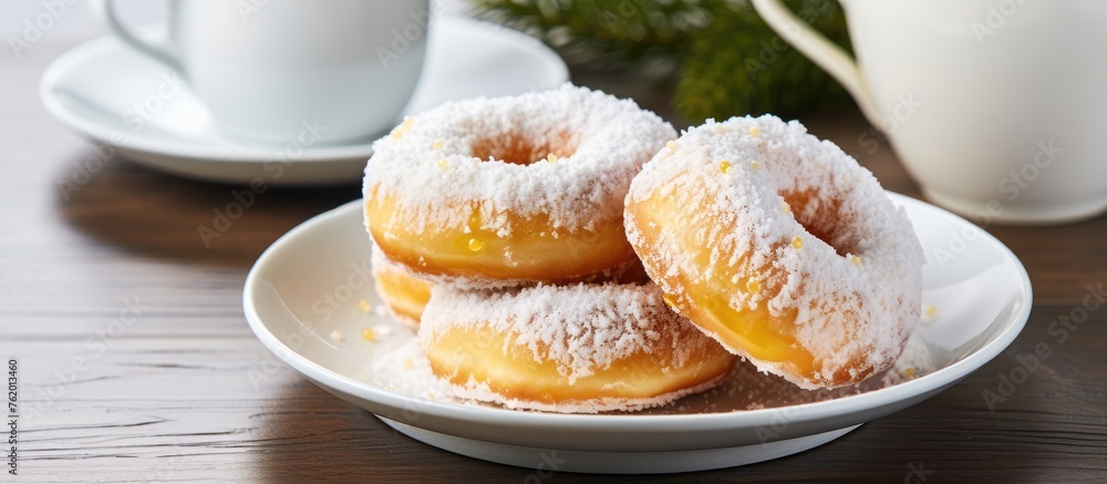 Poster Three donuts on plate with powdered sugar