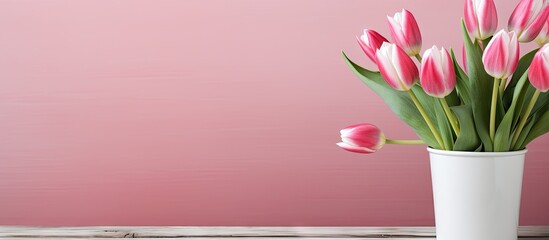 Pink tulips in white vase on pink wall