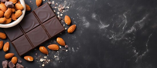 Almond and chocolate on dark background