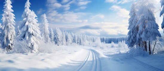 Snow-covered trees and road in winter landscape