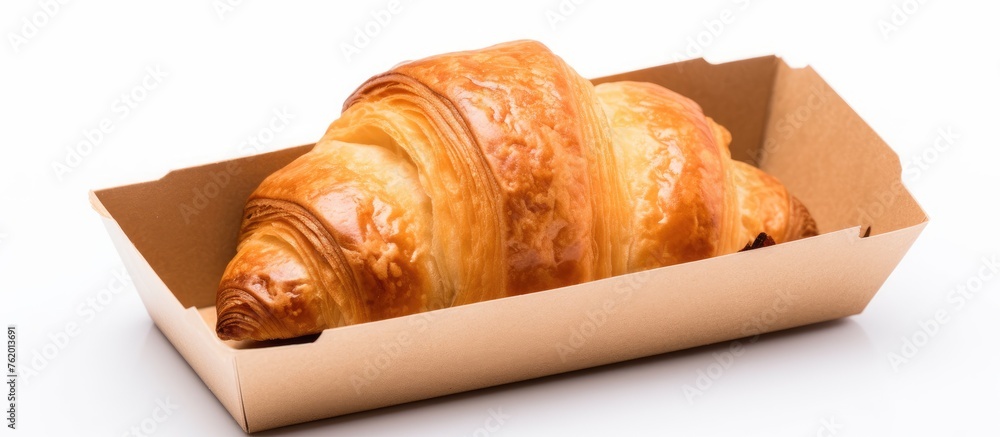 Poster a croissant placed in a container on a plain surface