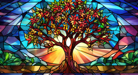 Tree of Life stained glass window, with blue, orange and red colors. Colourful lowpoly style. Garden of eden, Adam and eve story. 