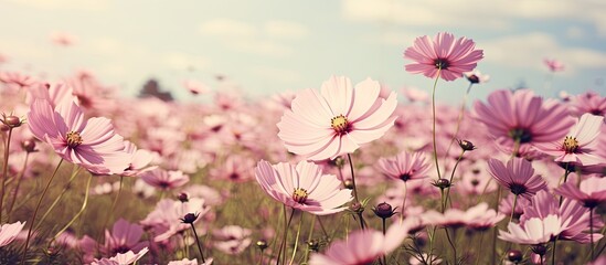 Pink flowers bloom under blue sky