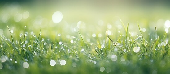 Dew drops glistening on green blades in morning sunlight