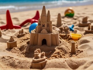 sandcastle and toys on the beach
