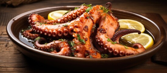 Octopus tentacles with lemon and parsley on white background