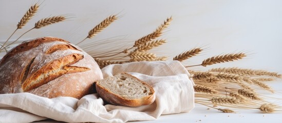 A loaf of bread and wheat on a white table