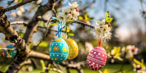 Obraz premium Colorful Easter eggs hanging on blooming tree branches outdoor in garden.