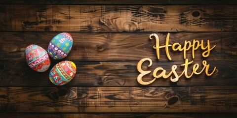 Happy Easter text with beautiful colorful eggs over rustic wood.