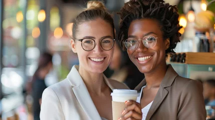 Poster Two business women, drinking coffee, smiling. © kardaska