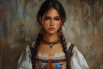 Mexican american young woman in a outfit with a dry background.