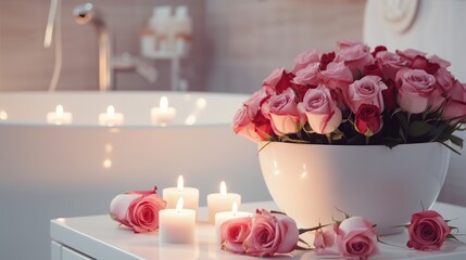 Hotel bathroom interior with roses and candles