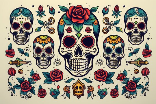 Vibrant Multiple Decorated Sugar Skulls and Roses Celebration on Beige Backdrop Day Of the Dead Theme