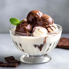 chocolate and vanilla ice cream in the glass bowl ,chocolate ice cream