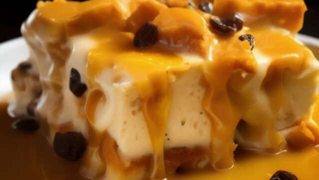 A captivating picture of a steaming bowl of bread pudding, its custardy base studded with plump raisins, and a generous drizzle of creamy caramel sauce gradually cascading over the top.
