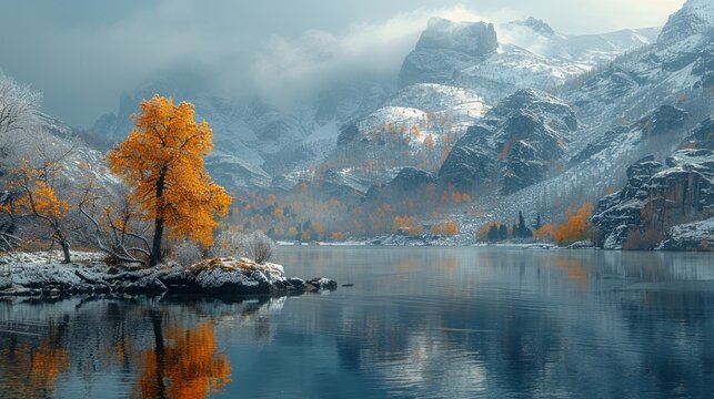 Landscape image of trees, mountains, water reflection