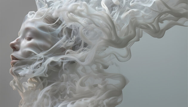 Fashion surreal Concept. Closeup portrait of woman in silk cloth dissipate dissolve in white swirling flowing smoke fog liquid. illuminated with dynamic composition dramatic lighting. copy text space