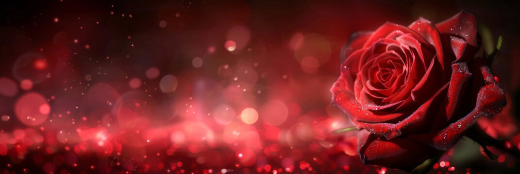 A red rose on  dark blurred lights.  background Valentine's Day banner. empty space