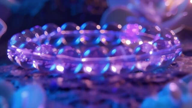 A mesmerizing bracelet features beads that appear crystal clear in daylight but transform into a dreamy lavender hue when exposed to ultraviolet light thanks to the use of