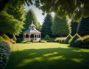 Obraz premium A beautiful gazebo on the neatly trimmed backyard lawn.